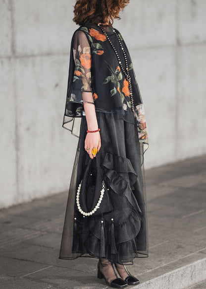 Pieces Ruffled Tulle Set Half Black Print Asymmetrical Loose Two FashionChic