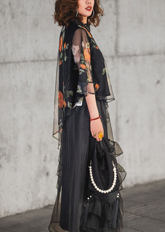 Pieces Ruffled Tulle Set Half Black Print Asymmetrical Loose Two FashionChic