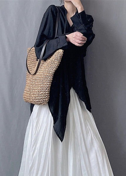 Loose Black Asymmetrical Solid Silk Cotton Blouses Spring KK021 SH-LF-LTP240602