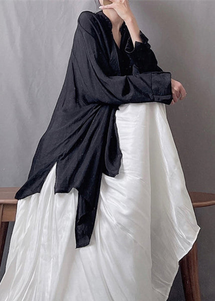 Loose Black Asymmetrical Solid Silk Cotton Blouses Spring KK021 SH-LF-LTP240602