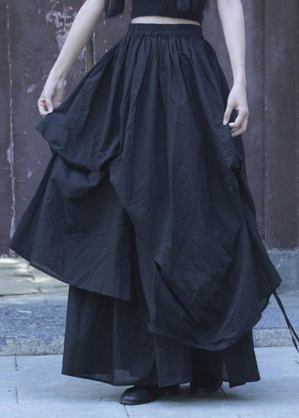 Loose Black Asymmetrical Wrinkled Elastic Waist Cotton Skirt Summer LK005 GK-SKTS240710
