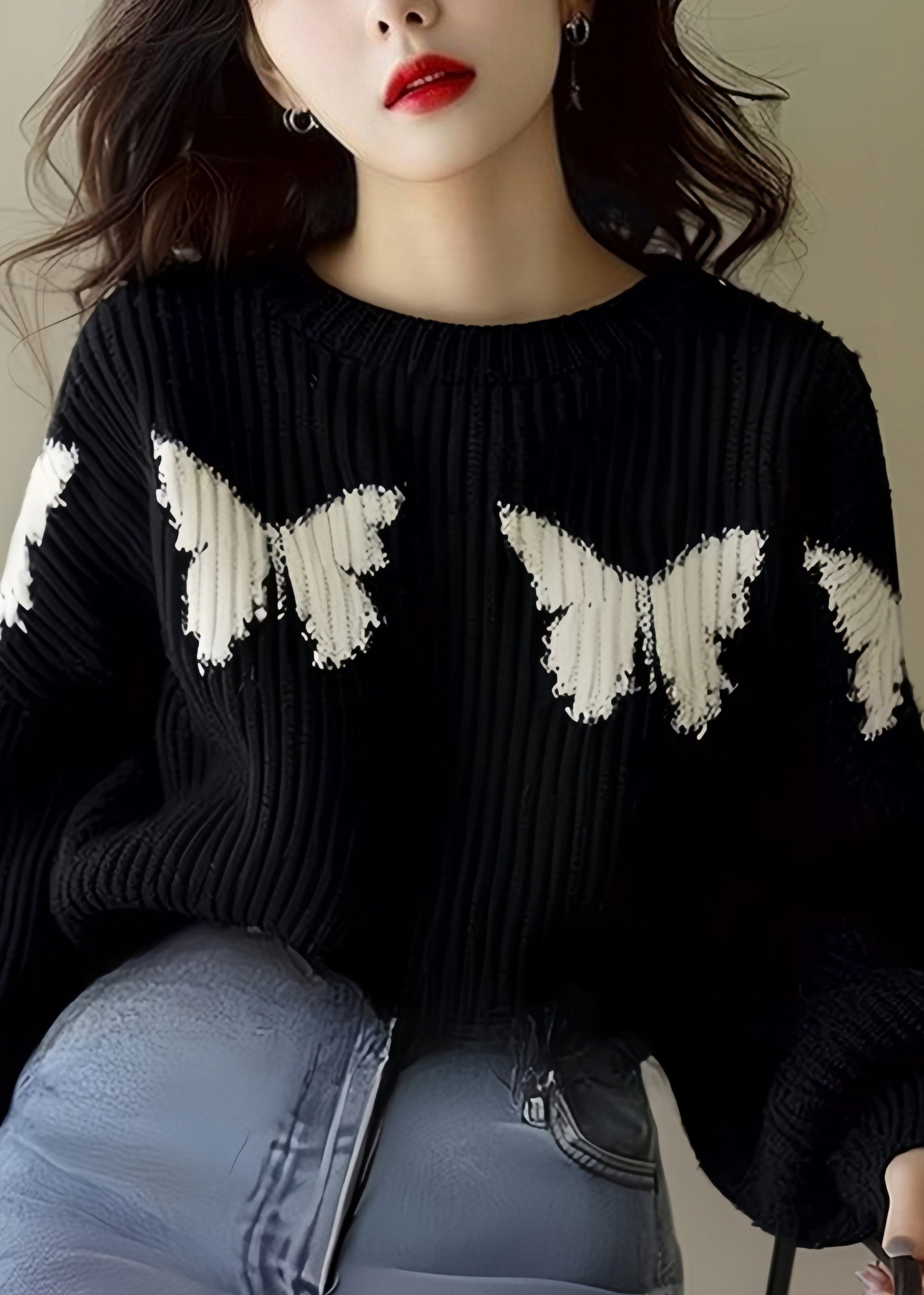 Loose Black Butterfly Print Knit Sweater Winter WX025 ABC