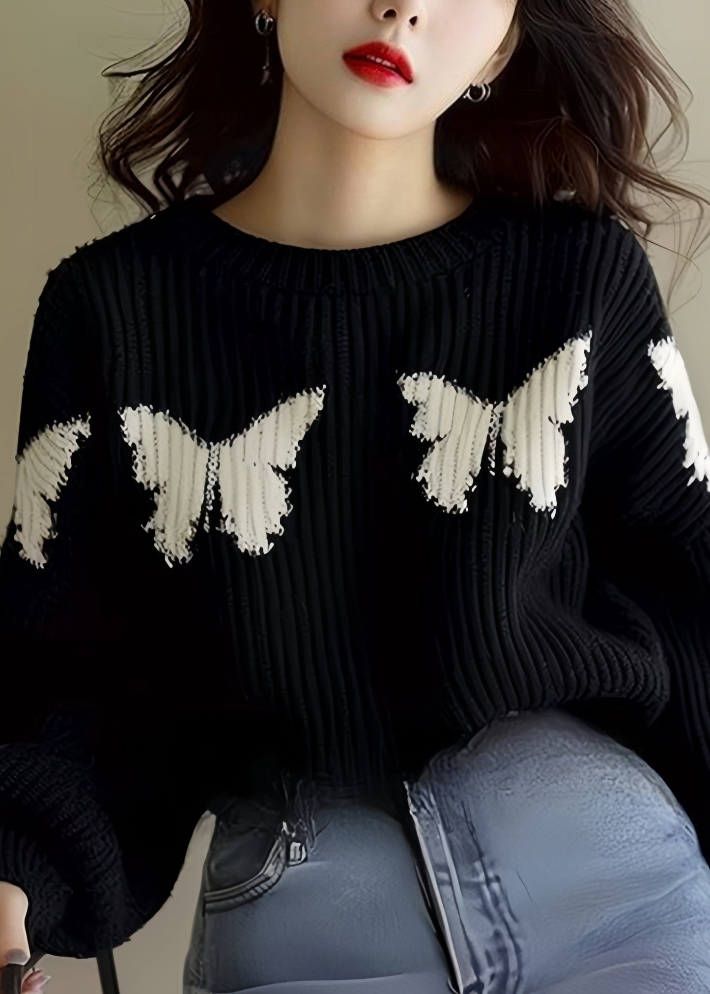 Loose Black Butterfly Print Knit Sweater Winter WX025 ABC