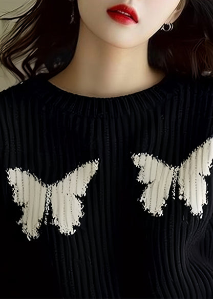 Loose Black Butterfly Print Knit Sweater Winter WX025 ABC