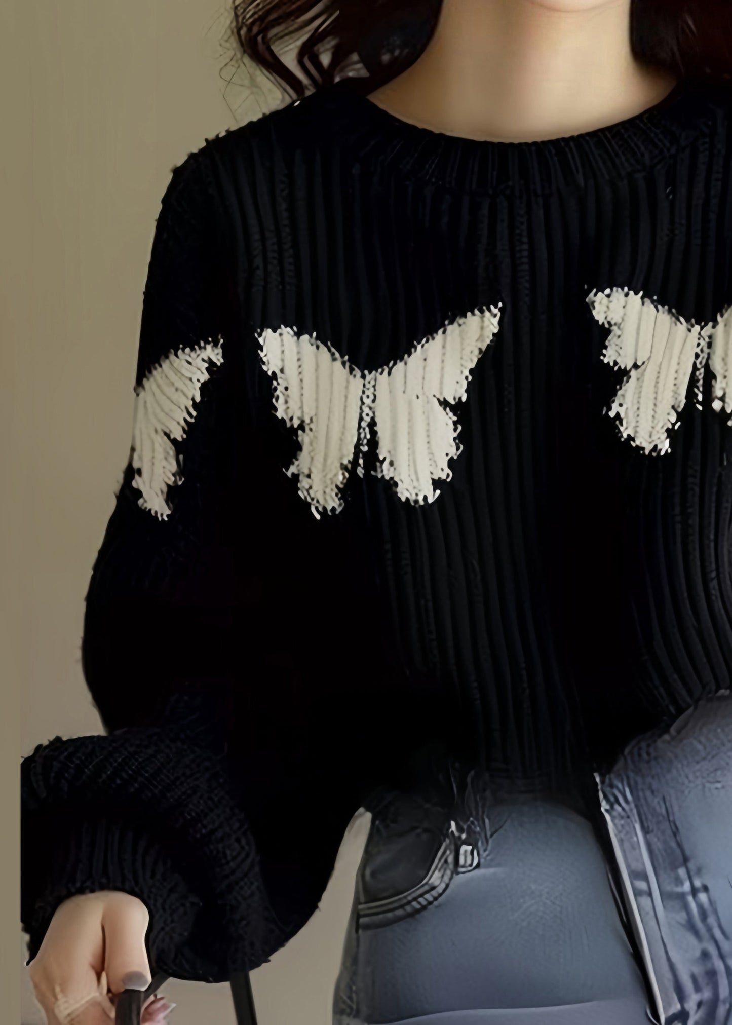 Loose Black Butterfly Print Knit Sweater Winter WX025 ABC