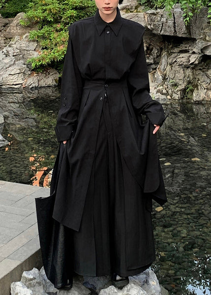 Loose Black Button Shirts And Wide Leg Pants Cotton Two Pieces Set Spring YZ073 ABC