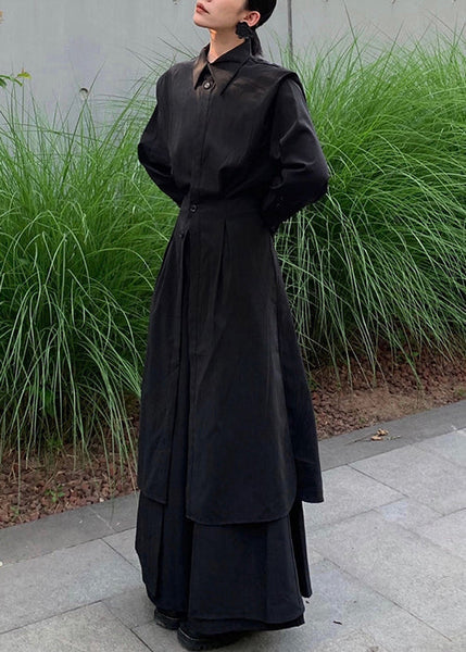 Loose Black Button Shirts And Wide Leg Pants Cotton Two Pieces Set Spring YZ073 ABC