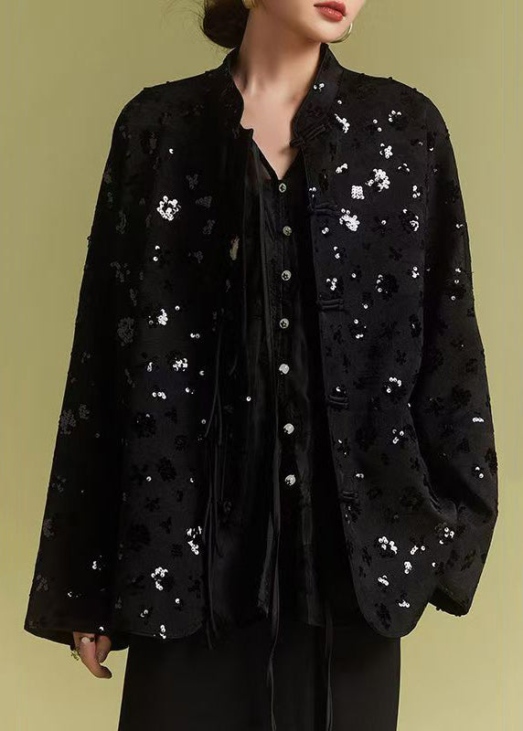 Loose Black Chinese Button Sequins Coats Fall AB1008 Genistyle Shop