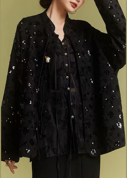 Loose Black Chinese Button Sequins Coats Fall AB1008 Genistyle Shop
