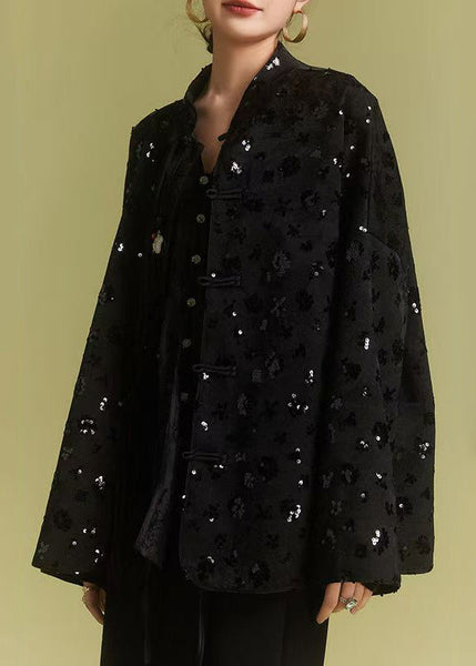 Loose Black Chinese Button Sequins Coats Fall AB1008 Genistyle Shop