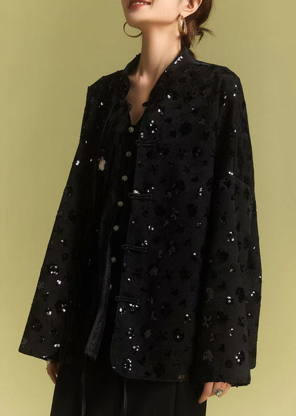 Loose Black Chinese Button Sequins Coats Fall AB1008 Genistyle Shop