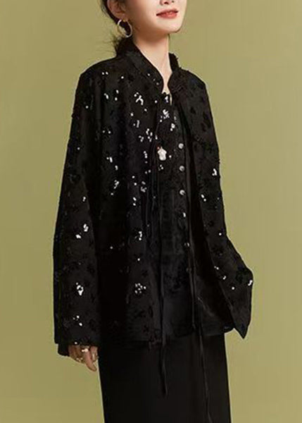 Loose Black Chinese Button Sequins Coats Fall AB1008 Genistyle Shop