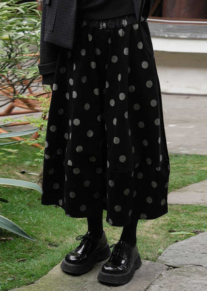 Jupe ample en velours côtelé noir à pois, taille élastique, patchwork, hiver TU038