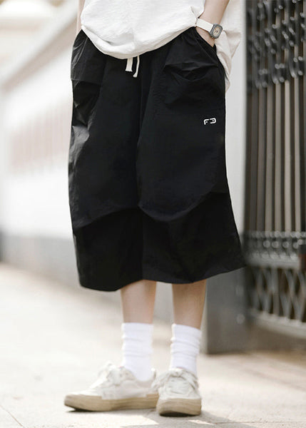 Loose Black Drawstring Pockets Patchwork Mens Crop Pants Summer YT014 Men-Silk-MENCP240721