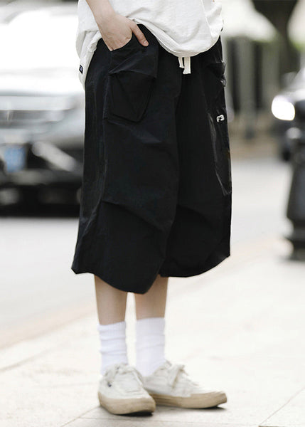 Loose Black Drawstring Pockets Patchwork Mens Crop Pants Summer YT014 Men-Silk-MENCP240721