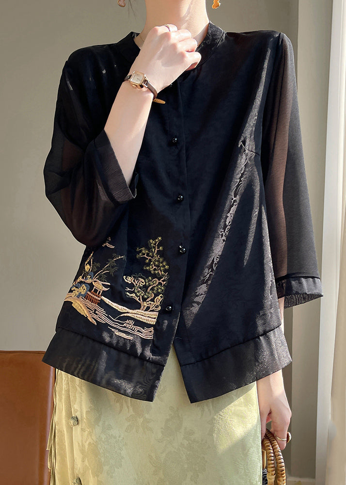 Loose Black Embroidered Button Silk Shirts Bracelet Sleeve AB1039 Genistyle Shop