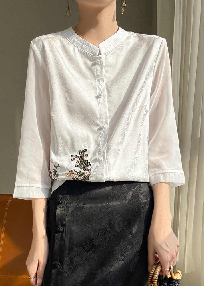 Loose Black Embroidered Button Silk Shirts Bracelet Sleeve AB1039 Genistyle Shop