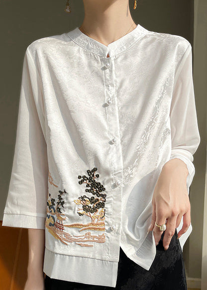 Loose Black Embroidered Button Silk Shirts Bracelet Sleeve AB1039 Genistyle Shop