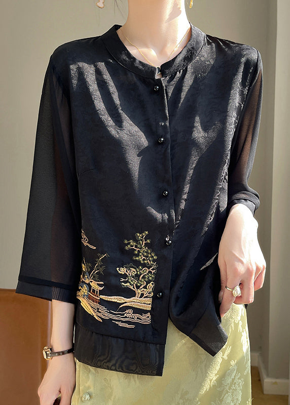 Loose Black Embroidered Button Silk Shirts Bracelet Sleeve AB1039 Genistyle Shop