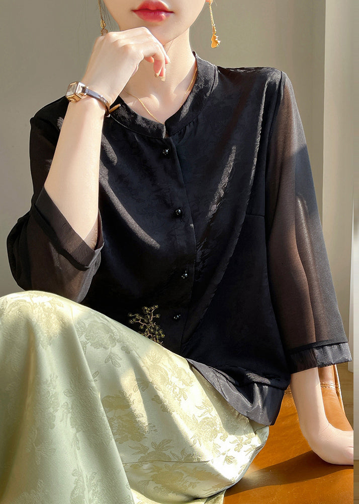 Loose Black Embroidered Button Silk Shirts Bracelet Sleeve AB1039 Genistyle Shop