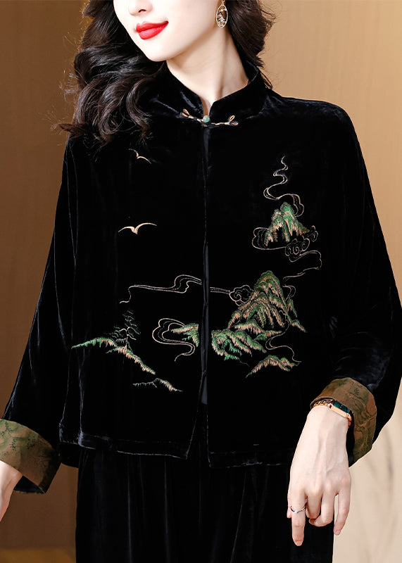 Loose Black Embroidered Button Silk Velour Coat Fall QO078 MZF-CTS241008