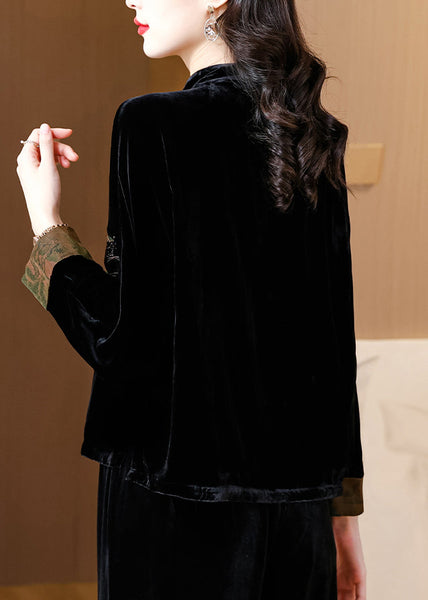Loose Black Embroidered Button Silk Velour Coat Fall QO078 MZF-CTS241008