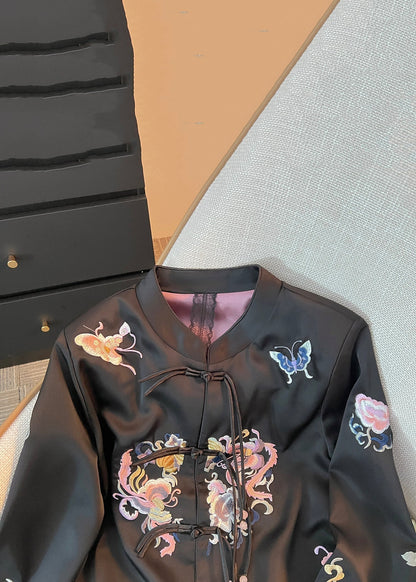 Loose Black Embroidered Chinese Button Silk Coat Fall QO015 MZF-CTS241008