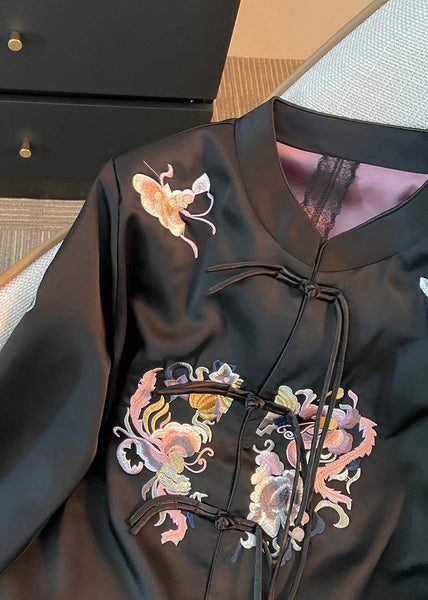 Loose Black Embroidered Chinese Button Silk Coat Fall QO015 MZF-CTS241008