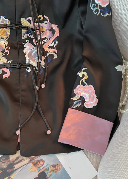 Loose Black Embroidered Chinese Button Silk Coat Fall QO015 MZF-CTS241008