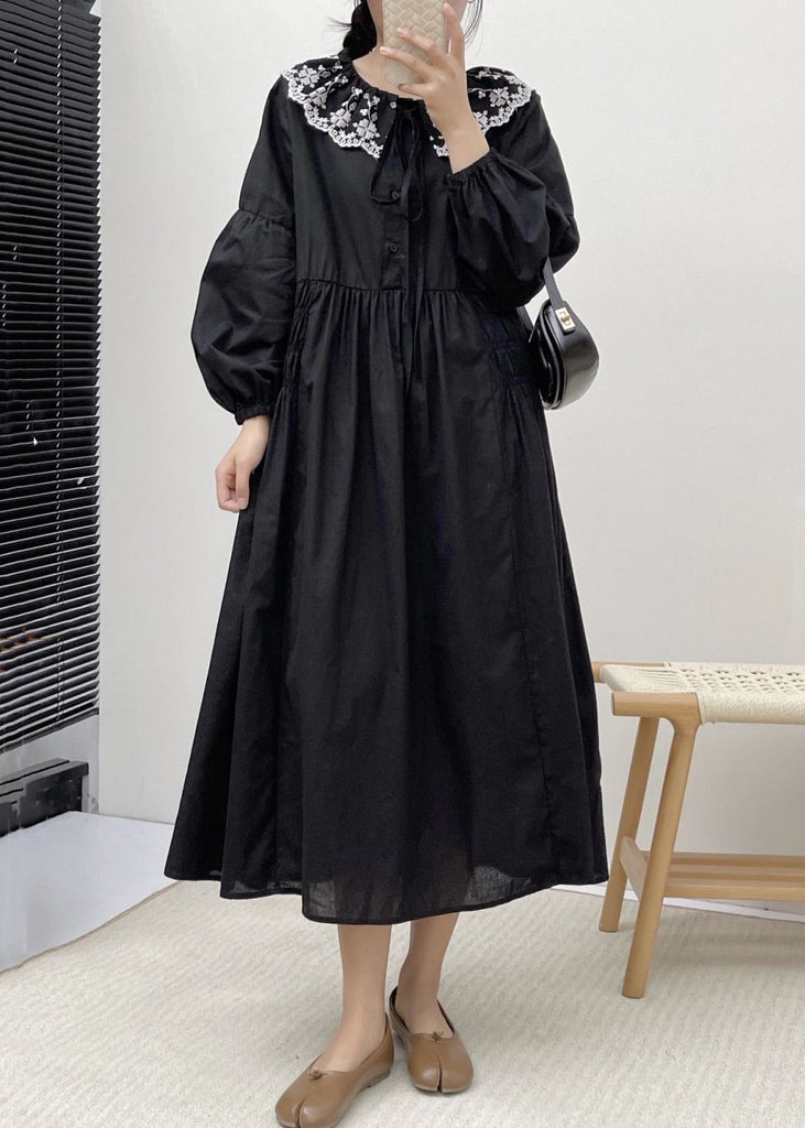 Loose Black Embroidered Lace Up Cotton Dress Spring VV022 HS-FDL240627