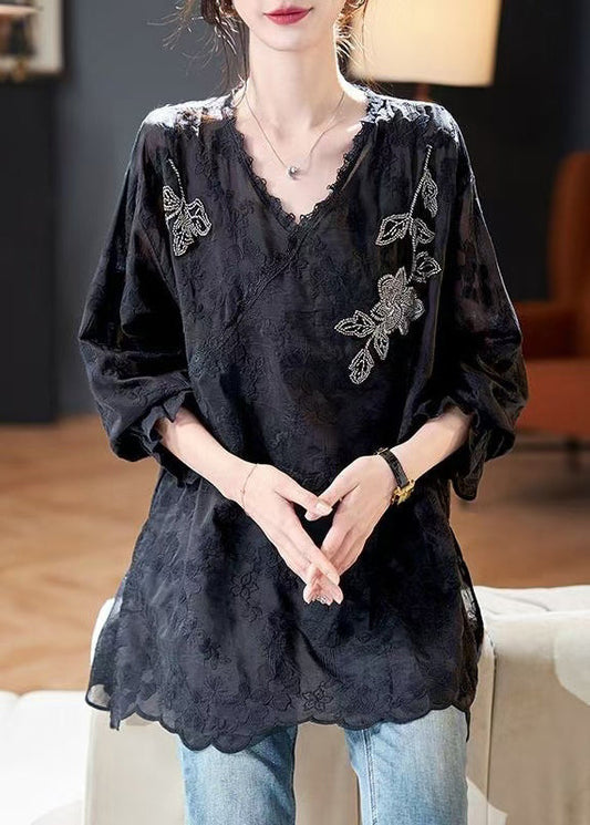 Loose Black Embroidered Nail Bead Side Open Silk Cotton Tops Spring RZ038 ABC