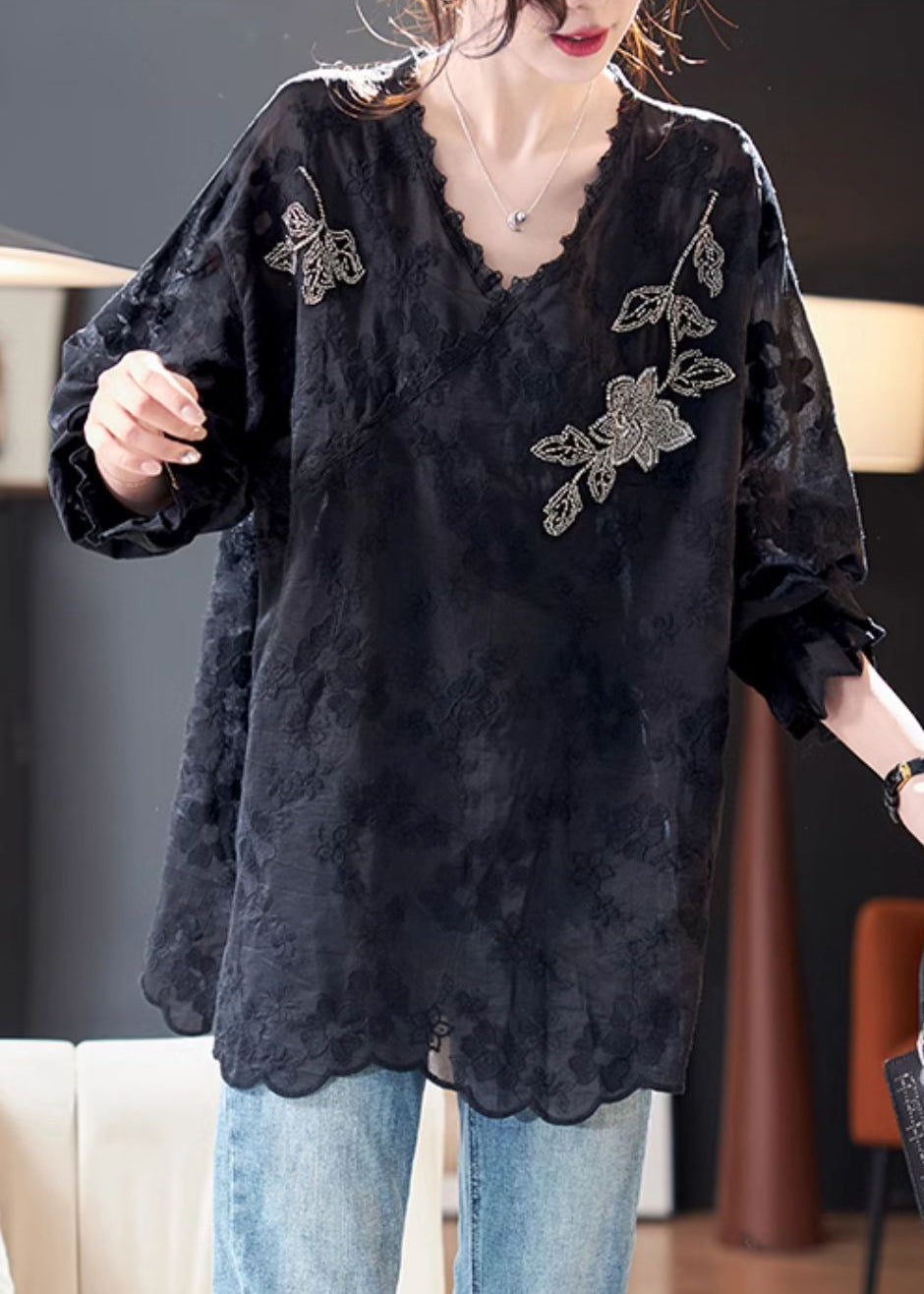 Loose Black Embroidered Nail Bead Side Open Silk Cotton Tops Spring RZ038 ABC