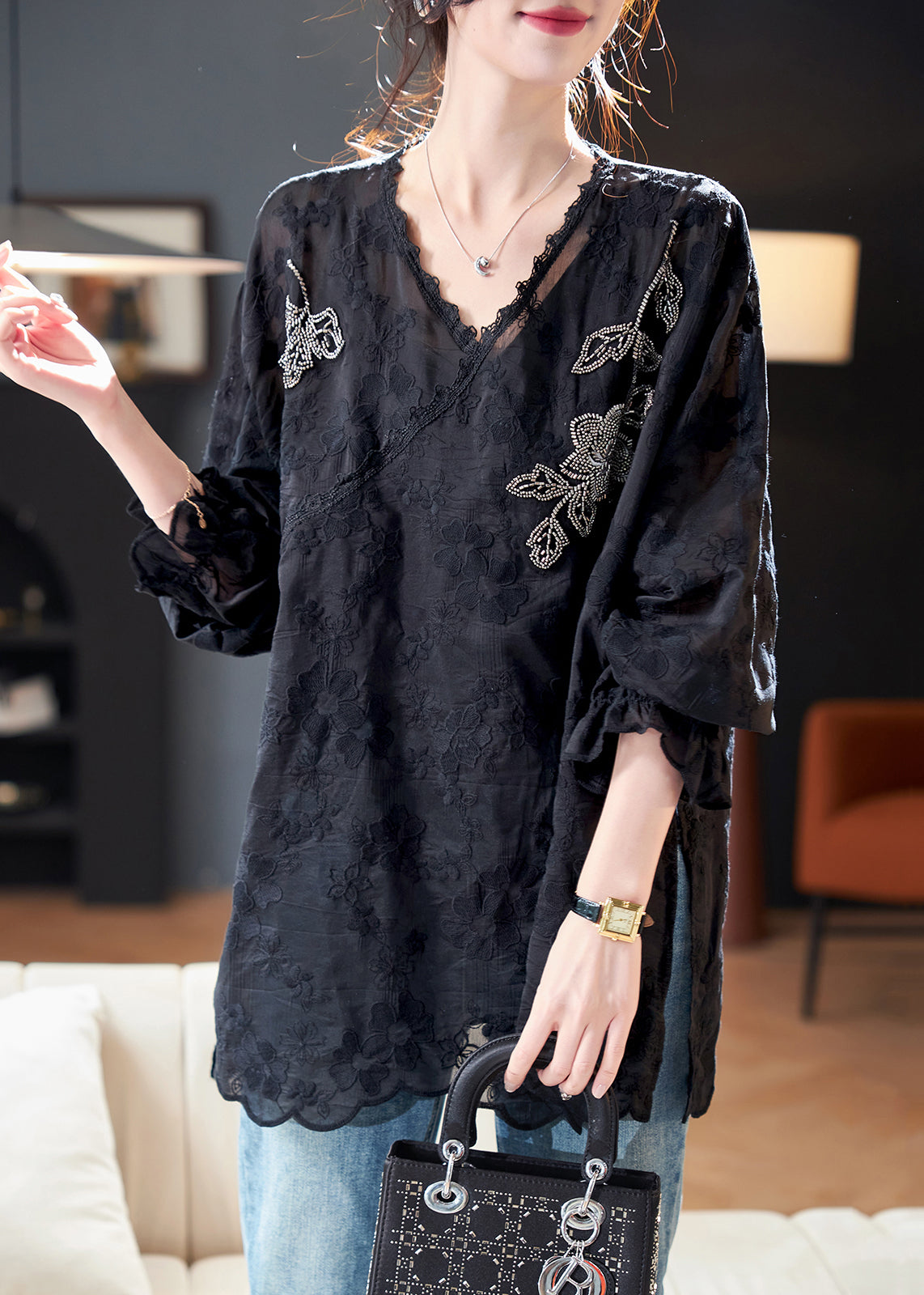 Loose Black Embroidered Nail Bead Side Open Silk Cotton Tops Spring RZ038 ABC