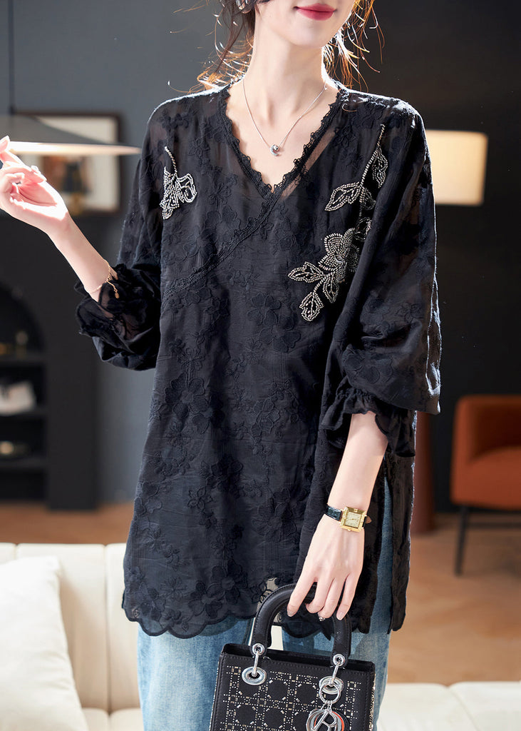 Loose Black Embroidered Nail Bead Silk Cotton Top Spring QA1007 Ada Fashion