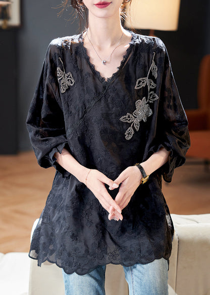 Loose Black Embroidered Nail Bead Silk Cotton Top Spring QA1007 Ada Fashion