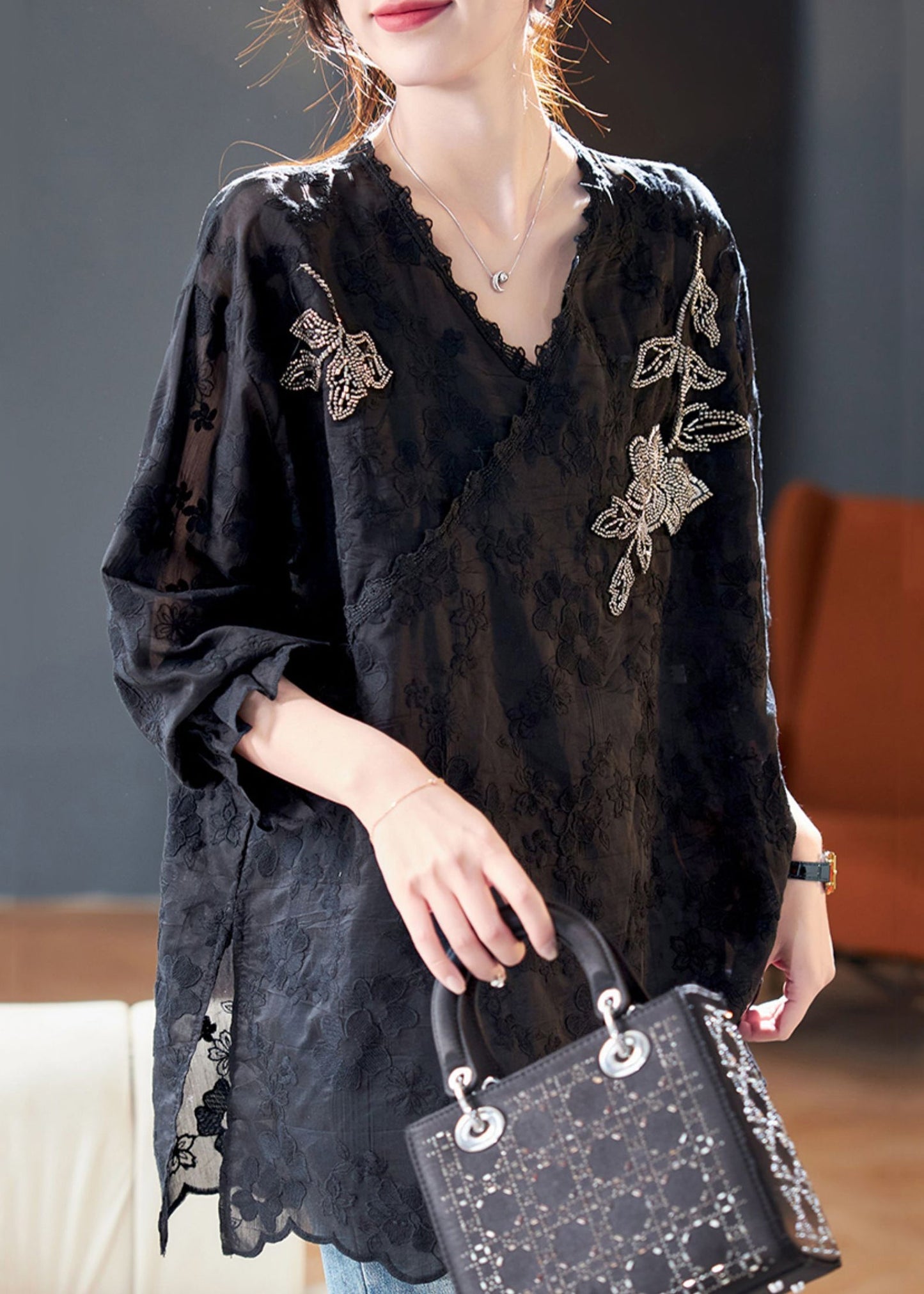 Loose Black Embroidered Nail Bead Silk Cotton Top Spring QA1007 Ada Fashion