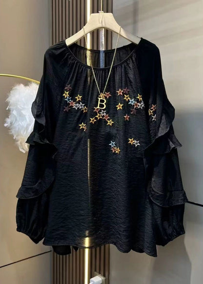 Loose Black Embroidered Ruffled Solid Cotton Tops Long Sleeve MN075 MMDM-LTP240704