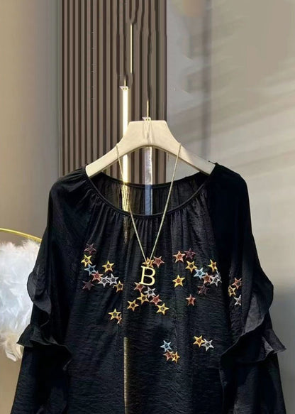 Loose Black Embroidered Ruffled Solid Cotton Tops Long Sleeve MN075 MMDM-LTP240704