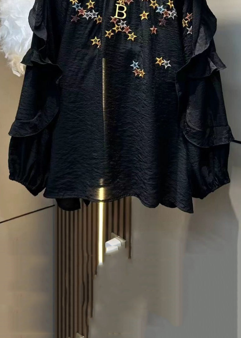 Loose Black Embroidered Ruffled Solid Cotton Tops Long Sleeve MN075 MMDM-LTP240704