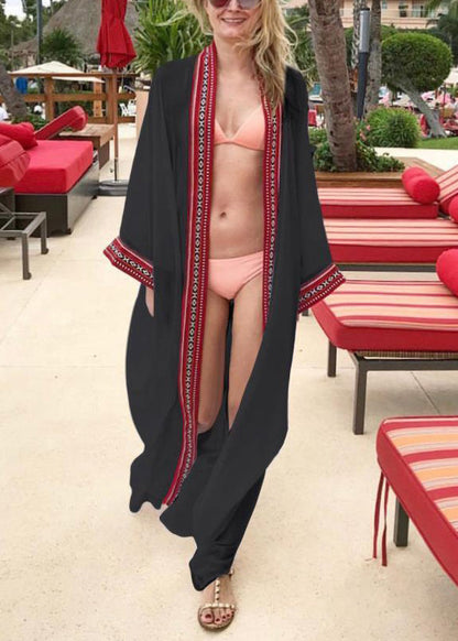 Loose Black Embroidered Tie Waist Chiffon Cardigans Long Sleeve OP1052 Ada Fashion