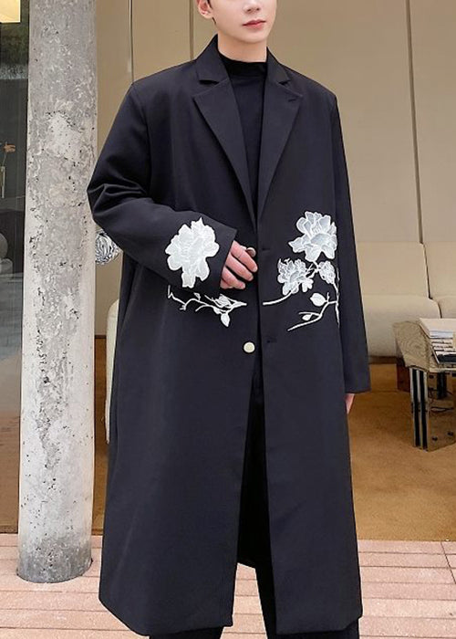 Loose Black Embroideried Button Spandex Men Long Trench Coat Fall RO029 ABC