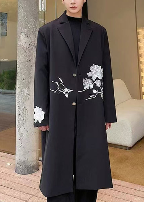 Loose Black Embroideried Button Spandex Men Long Trench Coat Fall RO029 ABC