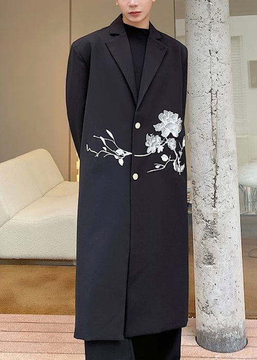 Loose Black Embroideried Button Spandex Men Long Trench Coat Fall RO029 ABC