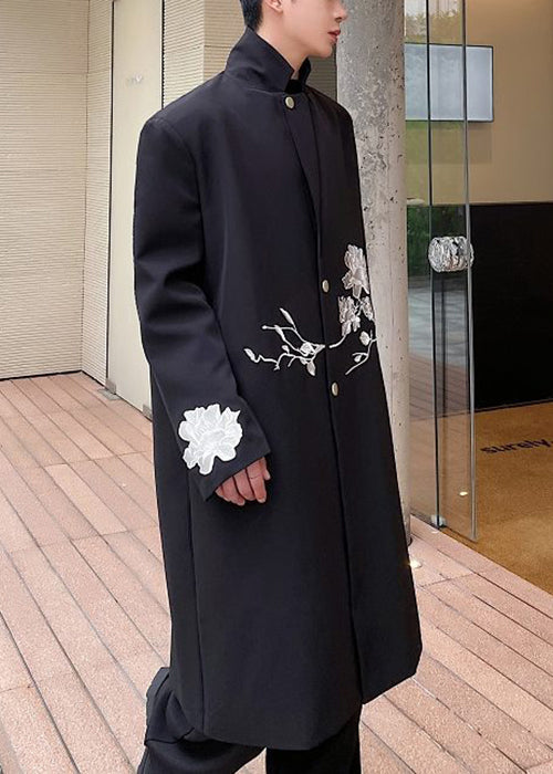 Loose Black Embroideried Button Spandex Men Long Trench Coat Fall RO029 ABC