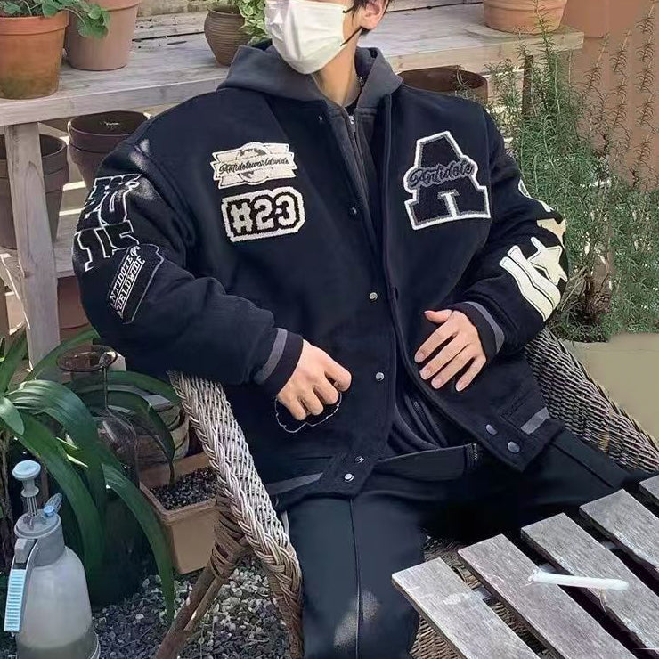 Mens Embroideried Spring Loose Cotton Patchwork Coats TC008 Black