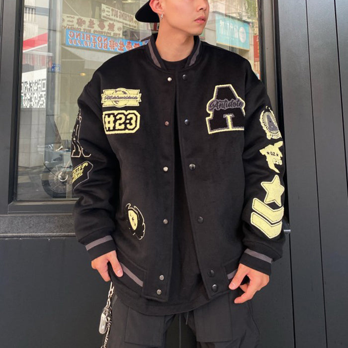 Mens Embroideried Spring Loose Cotton Patchwork Coats TC008 Black