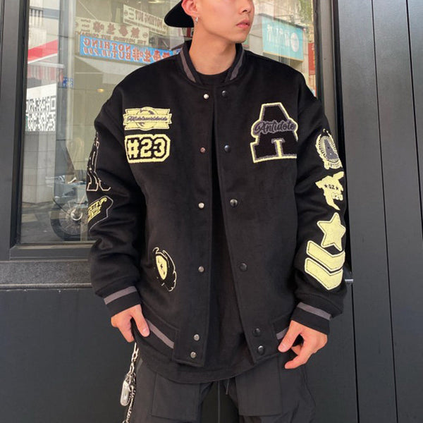 Mens Embroideried Spring Loose Cotton Patchwork Coats TC008 Black