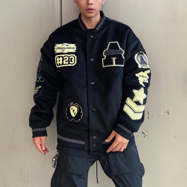 Mens Embroideried Spring Loose Cotton Patchwork Coats TC008 Black