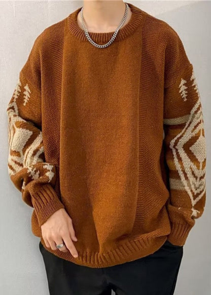 Loose Black Geometric Thick Knit Mens Sweaters Winter QF029 MENSW241016