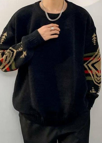 Loose Black Geometric Thick Knit Mens Sweaters Winter QF029 MENSW241016
